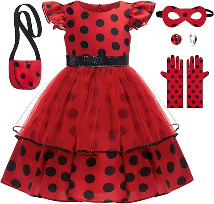 Baby Clothing Sizes - สาวคอสเพลย์เครื่องแต่งกาย Polka Dot สีแดงพร้อมกระเป๋าถุงมือหน้ากากต่างหูสําหรับเด็ก Bug ฮาโลวีนชุดวันเกิด