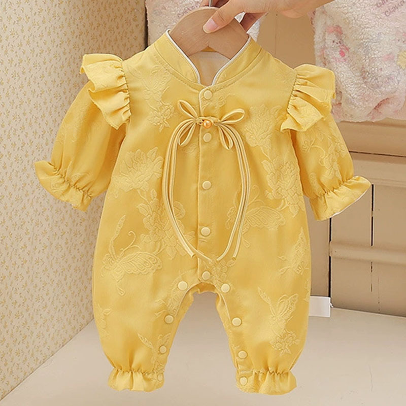 Baby Clothing Yellow - ฤดูใบไม้ผลิฤดูใบไม้ร่วงเสื้อผ้าเด็กผู้หญิงสไตล์จีนดอกไม้น่ารักสีเหลืองแขนยาวทารกชุดรอมเปอร์สิ่งของเด็กทารกเสื้อผ้าทารกแรกเกิด B385