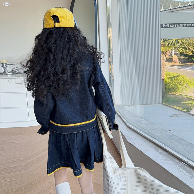 Baby Clothing Yellow - ชุดเสื้อแจ็คเก็ตยีนส์สีเหลืองแบบมีปกและกระโปรงสำหรับวัยรุ่นหญิง แฟชั่นฤดูใบไม้ผลิและฤดูใบไม้ร่วง ชุดลำลองสำหรับเด็ก เสื้อผ้าเด็กผู้หญิง ชุดเด็ก