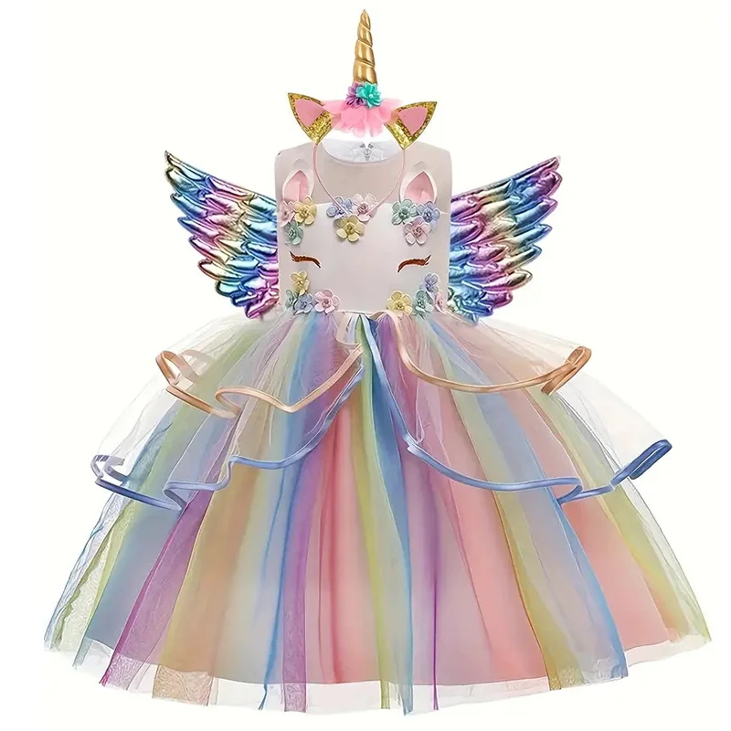 Baby Clothing Sizes - เด็กชุดเจ้าหญิงยูนิคอร์นสําหรับวันเกิดสาวปาร์ตี้ชุด Elegant Rainbow ชุดราตรีงานรื่นเริงเครื่องแต่งกาย