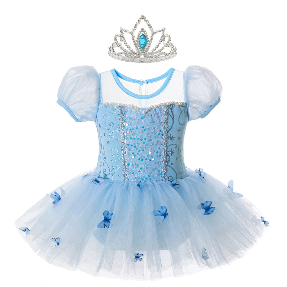 Baby Clothing Sizes - Cinderella ชุดเต้นรําสาวผีเสื้อ Applique เลื่อมเจ้าหญิงบัลเล่ต์เสื้อผ้า 2-8 ปีเด็กการฝึกอบรมชุดสีฟ้าหรูหราชุด